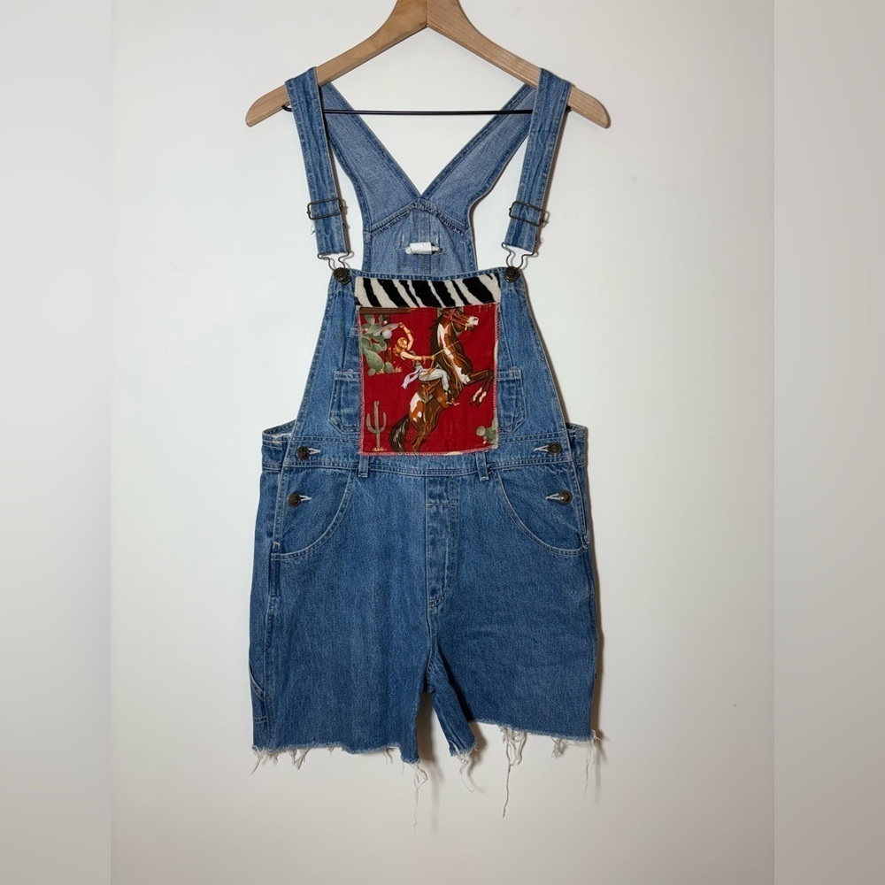 WOMEN'S VINTAGE UPCYCLED DENIM WESTERN Bib Shorts OVERALLS-size M